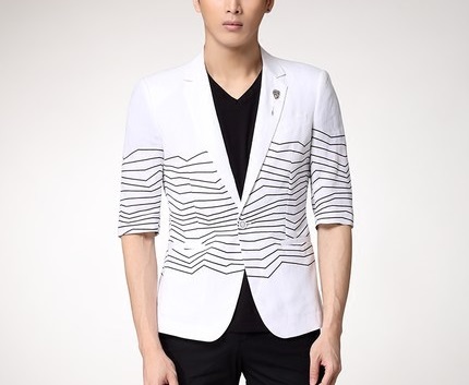 2023 Art Geometric Lines Luxury Mens White Short Sleeve Linen Blazer | PILAEO
